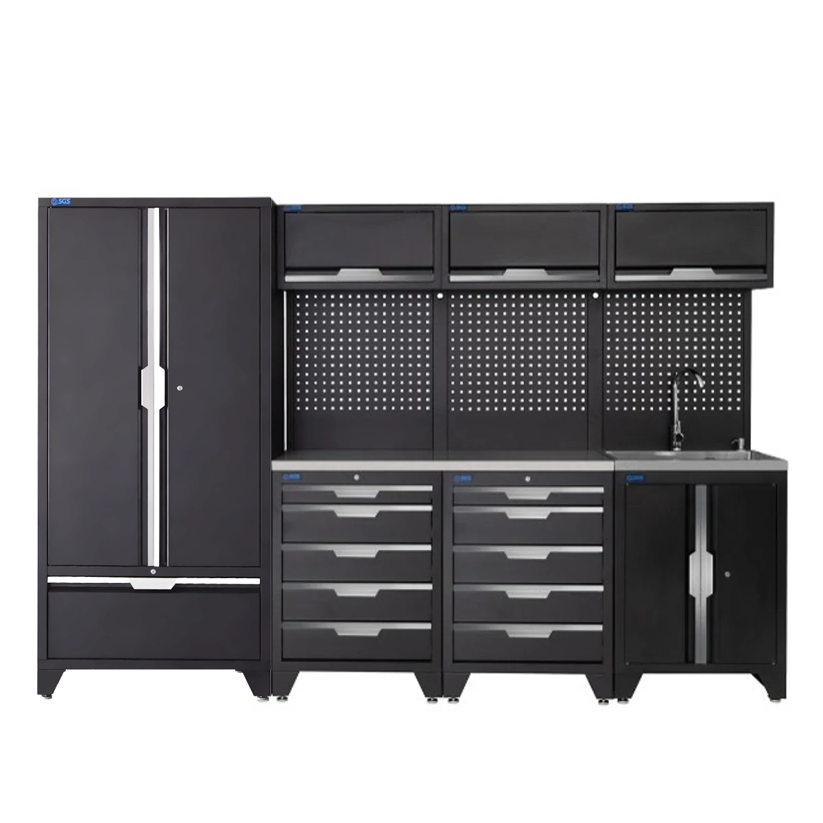 SGS 10pc Modular Garage Storage | 10 Drawers | Stainless Steel Worktop | Tall Double Cabinet with Drawer | Sink Unit | 3x Upper Cabinets